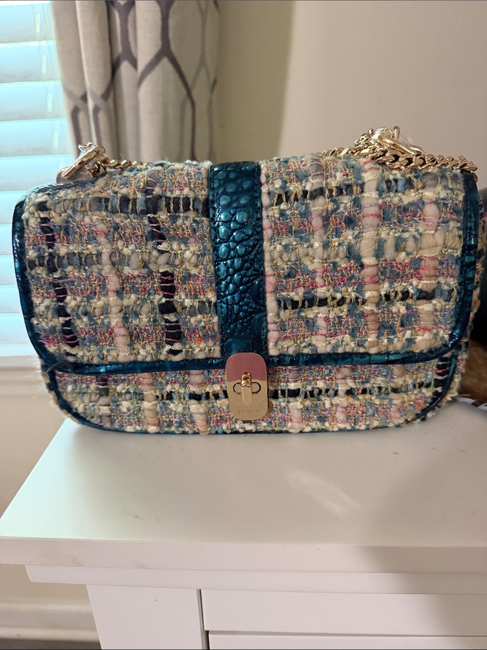 Brahmin Multicolor Tweed Convertible Crossbody with Teal Trim